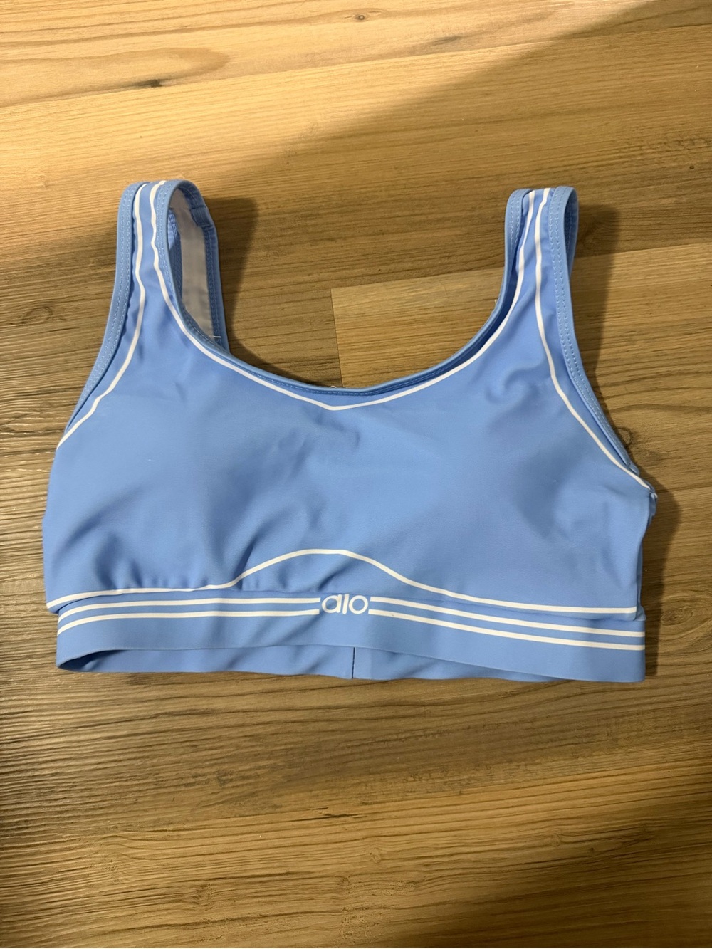 Monogrammed Yoga Light Blue Sport Bikini Top with White Stripe Accents and leggi